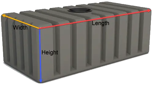 Rectangular tank diagram with length, width, height